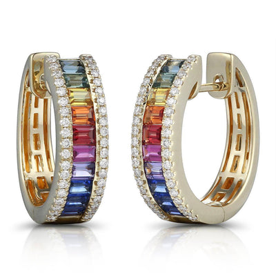 Baguette Rainbow Hoop Earrings With Round Diamonds
