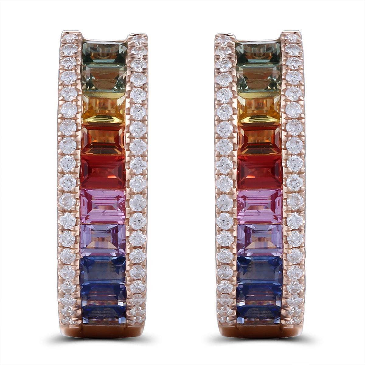Baguette Rainbow Hoop Earrings With Round Diamonds