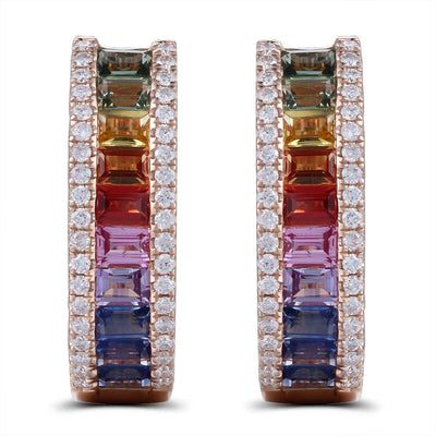 Baguette Rainbow Hoop Earrings With Round Diamonds