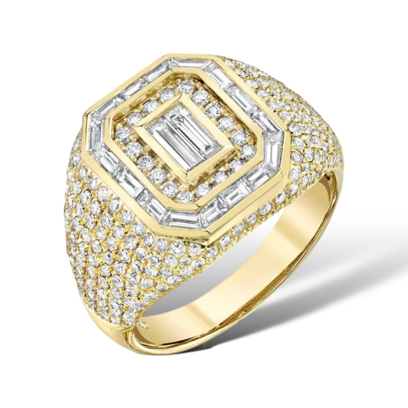 DOUBLE HALO SIGNET RING WITH BAGUETTE AND ROUND DIAMONDS