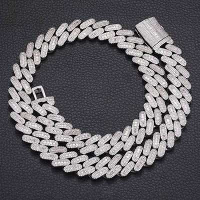 Moissanite 14 MM Baguette Round Edge Cuban Link Chain - 925 Silver