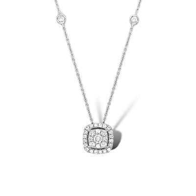 CUSHION SHAPED PENDANT WITH HALO AND 2 DIAMONDS ON CHAIN