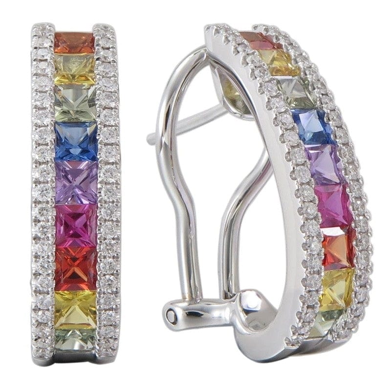 RAINBOW EARRINGS WITH PRINCESS CUT SAPPHIRES AND ROUND DIAMONDS