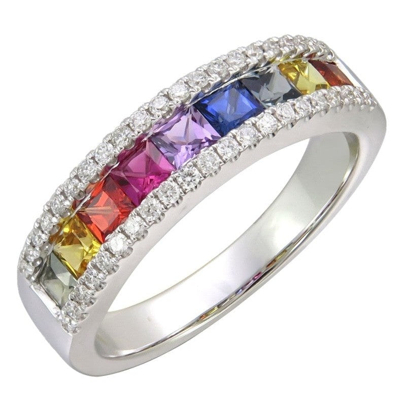 RAINBOW RING WITH PRINCESS CUT SAPPHIRES AND ROUND DIAMONDS