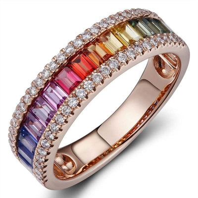 RAINBOW RING WITH ROUND DIAMONDS AND BAGUETTE SAPPHIRES