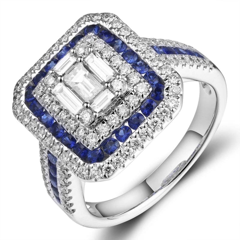 TRIPLE HALO EMERALD RING WITH BLUE SAPPHIRE AND DIAMONDS